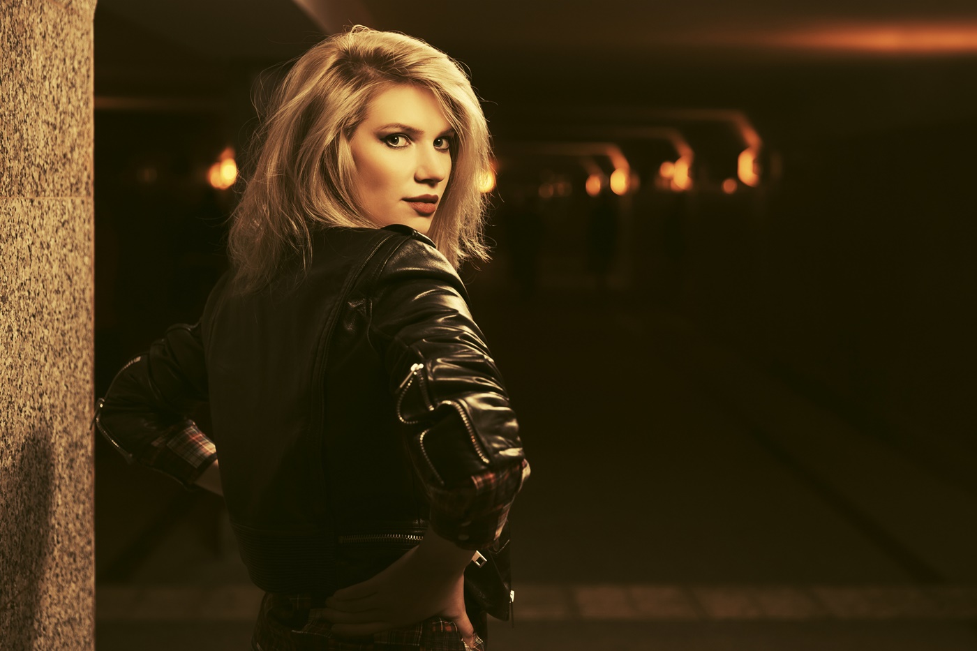 Hot Blonde in Leather Jacket